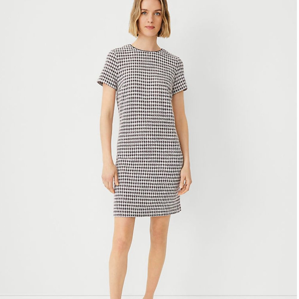 Ann Taylor Houndstooth Shift Dress Burgundy & White Knit Size Petite Extra Small